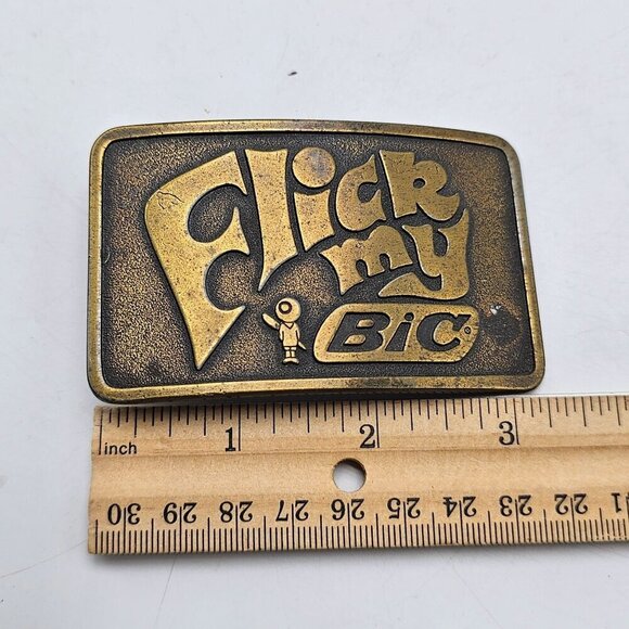 Vintage 1980s Flick My BIC Brass Belt Buckle Retro Design 3"x2" USA Made Collect - Picture 3 of 6